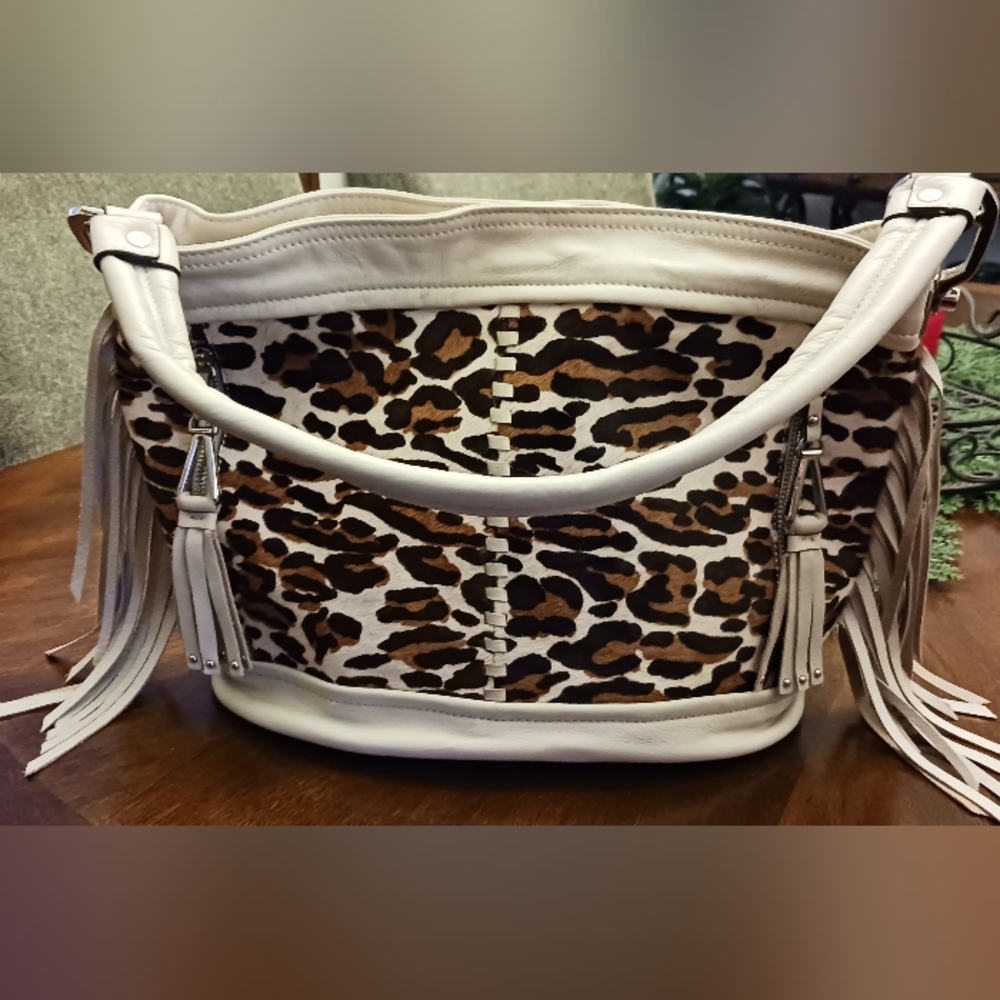 B Makowsky Leopard Calfhair & Stone Leather Hobo w/Fringe & Silver Hardware, EUC
